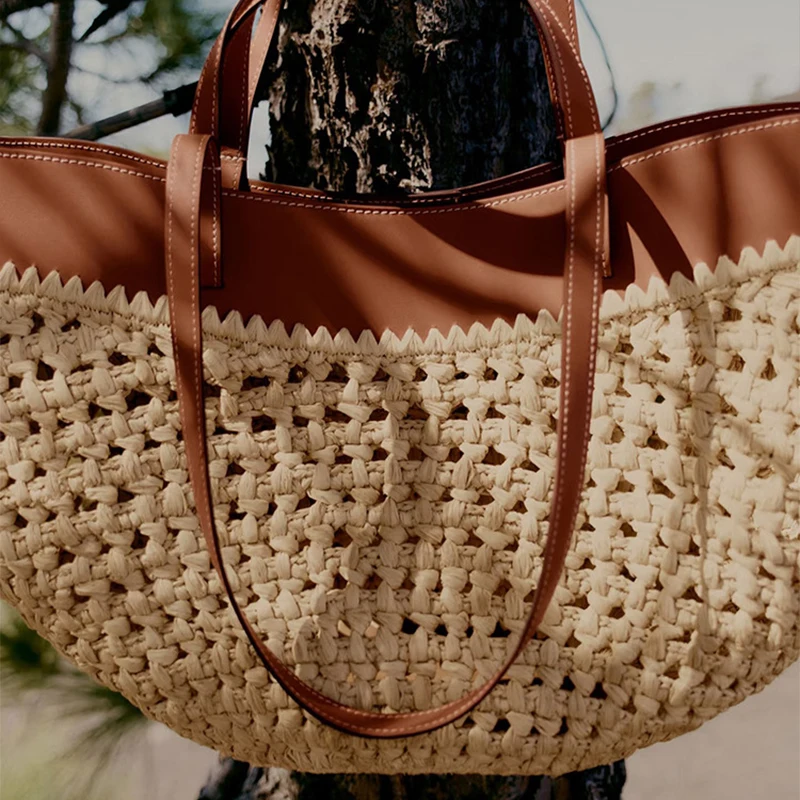 Französische Handgewebte Damen-Tragetasche Große Gemüsekorb-Tasche mit Lässiger Innentasche zum Einkaufen Schulter- und Unterarm-Tragetasche – Detail 19
