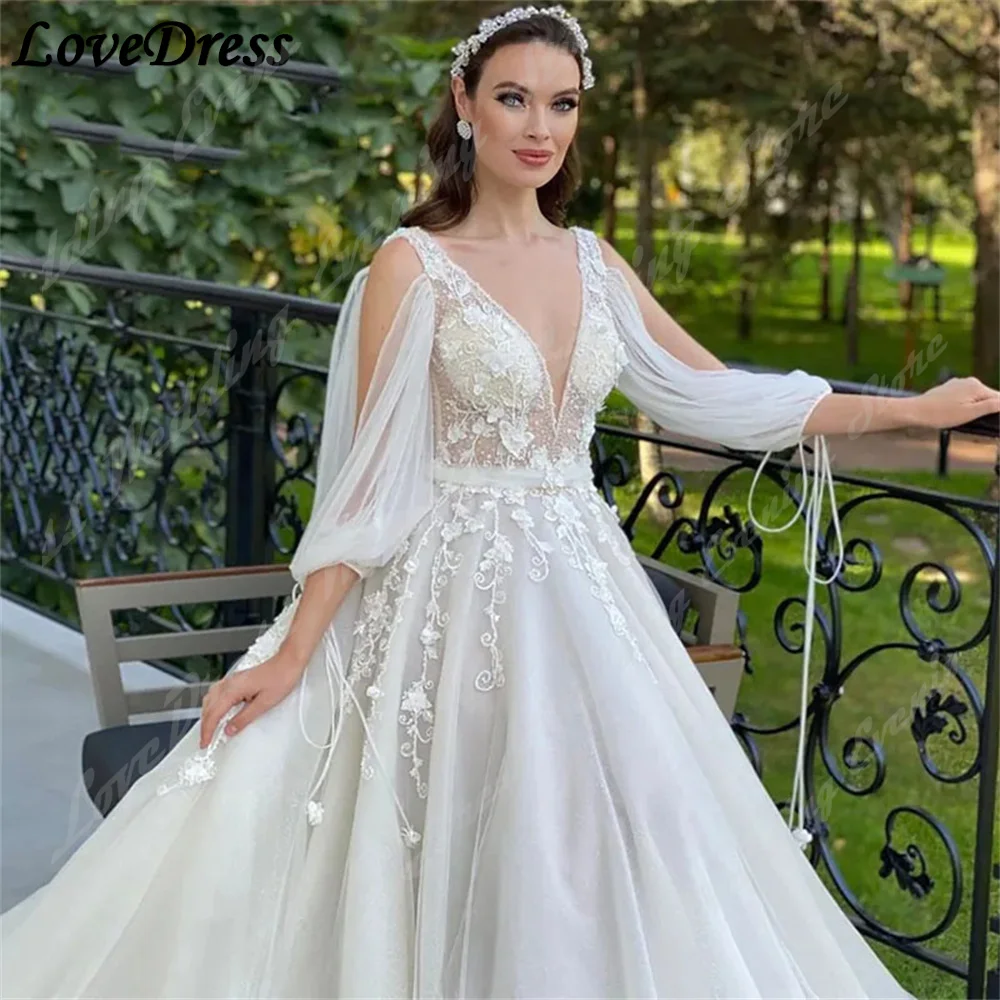 Простое свадебное платье А-силуэта LoveDress с длинными рукавами-фонариками и кружевной аппликацией из тюля, женское пляжное платье