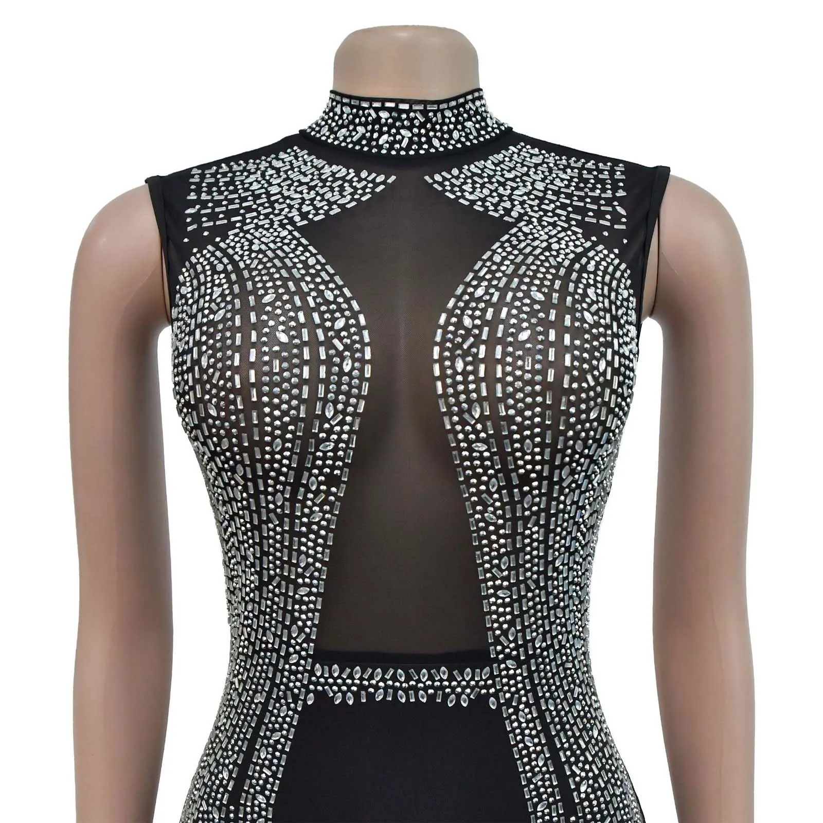 여성 발레 짐 점프수트 반짝이는 라인스톤 롬퍼 메쉬 패치워크 민소매 지퍼 슬림 바디수트 레이브 클럽 화려한 파티용
