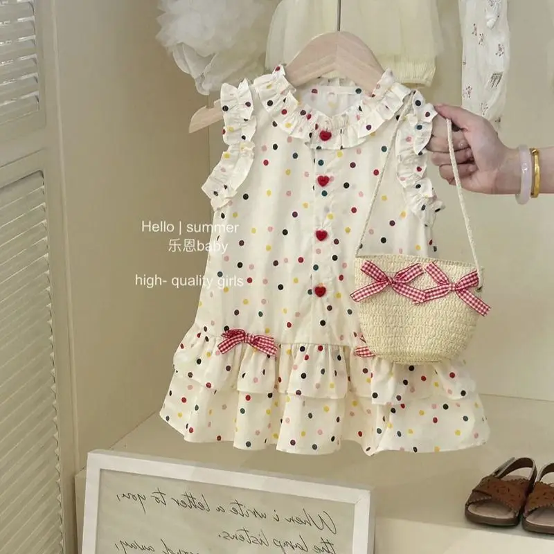 Girl's Colorful Polka Dot Dress, New Summer Style, Stylish and Sweet Lace Sleeveless Princess Dress for Girls