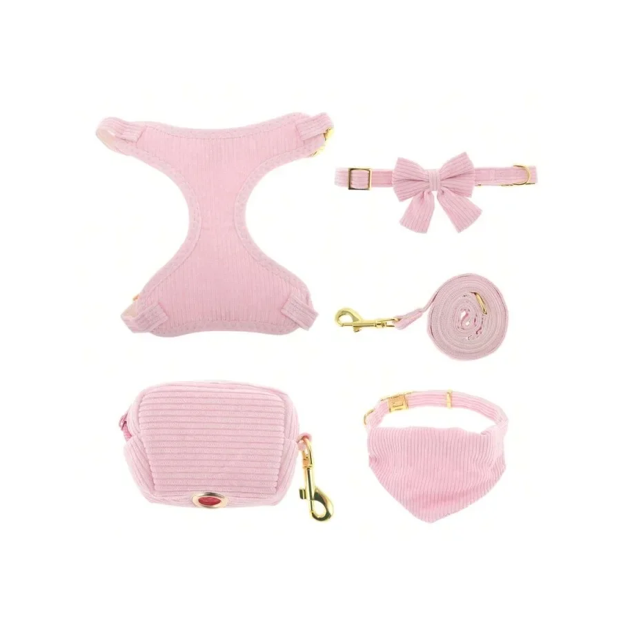 

【New style】Dog Harness, Cute Dog Collar Harness With Bow 1 Set, Adjustable Leash Set For Puppies, Breathable Pet Vest, Pink
