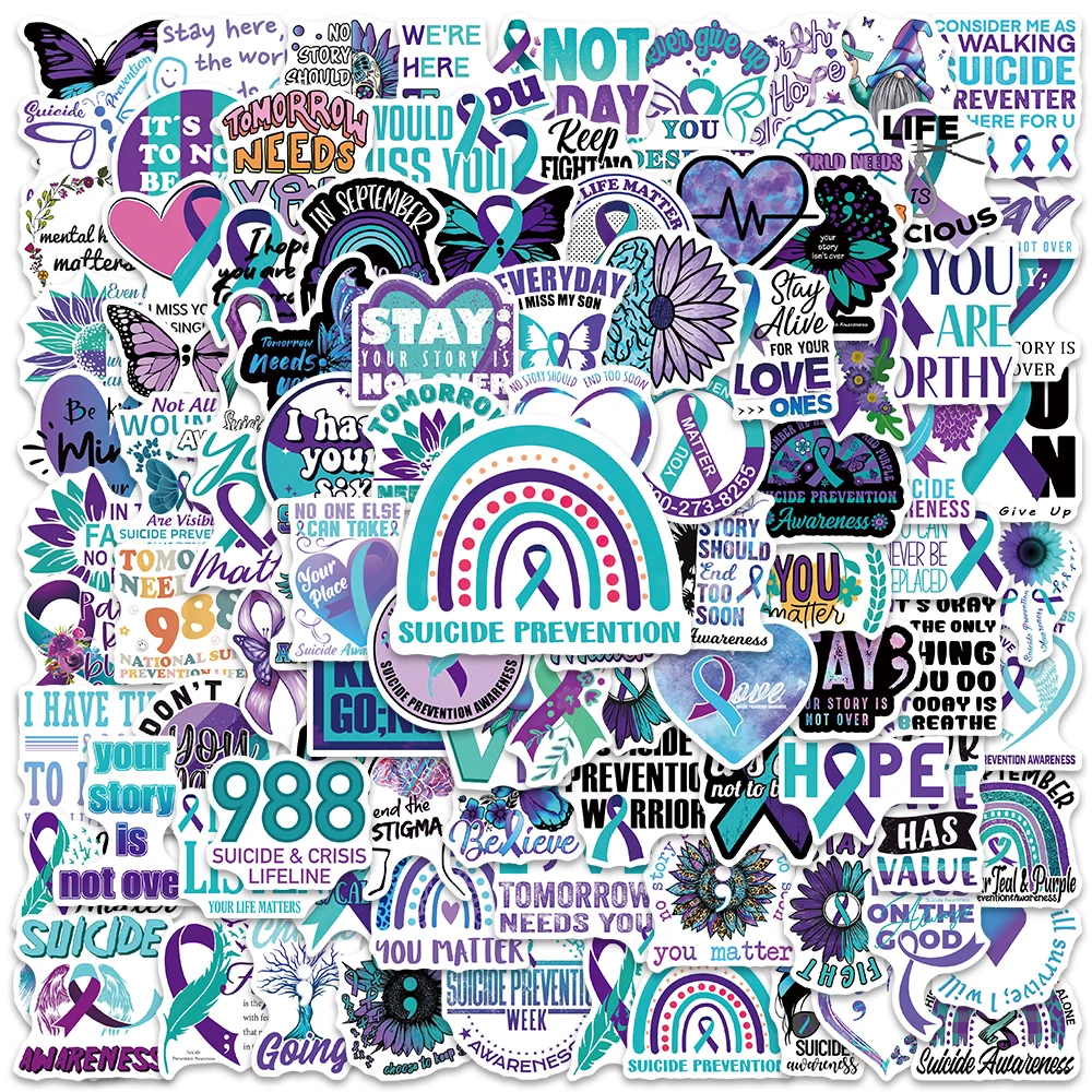 50/100PCS/pack Suicide Prevention Awareness Ribbon Stickers Decals Waterproof DIY Bottle Laptop Stationery Decoration Sticker