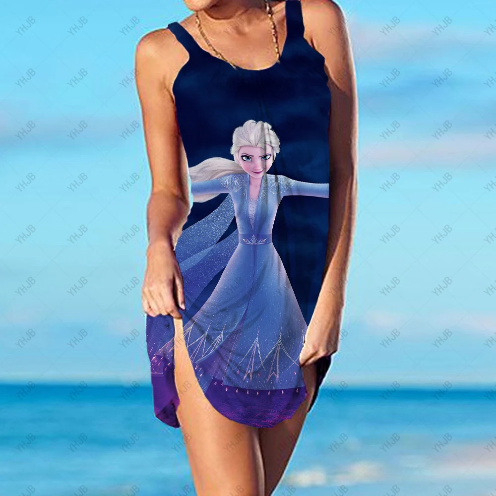 Disney Elsa Dress Women's Fashion 3D Printing Sleeveless Summer Frozen Cartoon Dress Loose Casual Fashion Long Y2K Dress