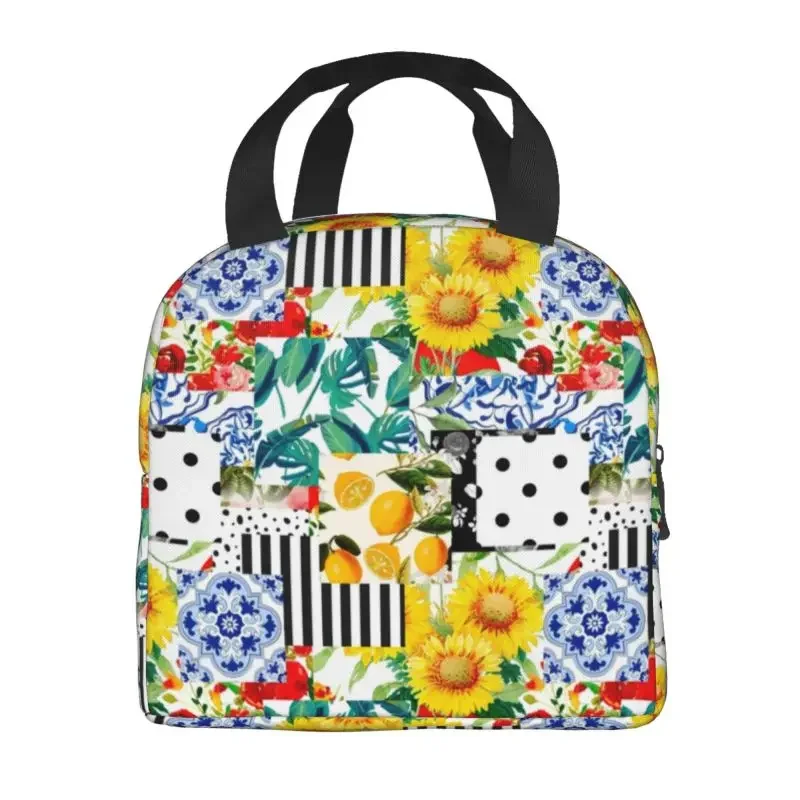 Icilian Summer Fruit Lemon Citrus Tiles Thermal Insulated Lunch Bag Women Resuable Lunch Tote for Outdoor Picnic Food Box