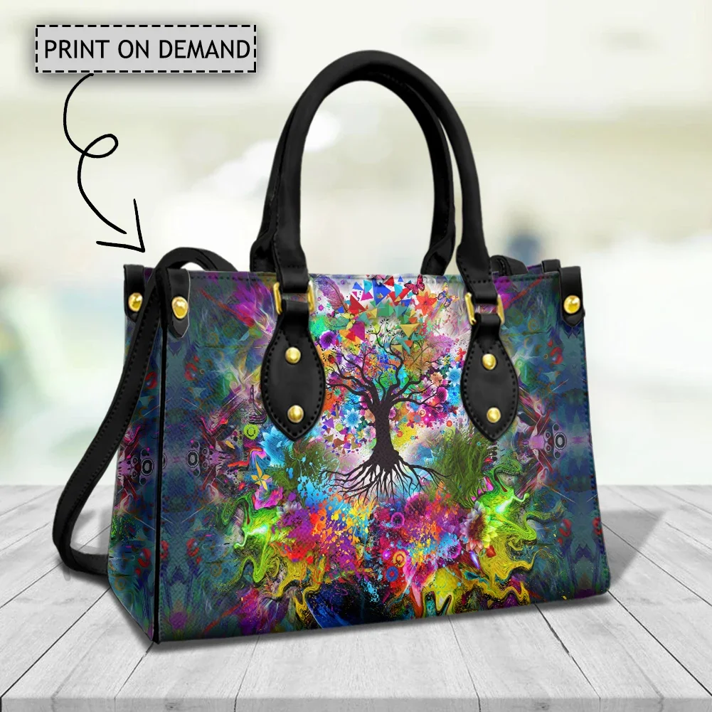 Painted Tree of Life Elegant Womens Fashion Tote Bag Tie Dye Design High Quality PU Leather Handbag for Laides Female Cross Bags