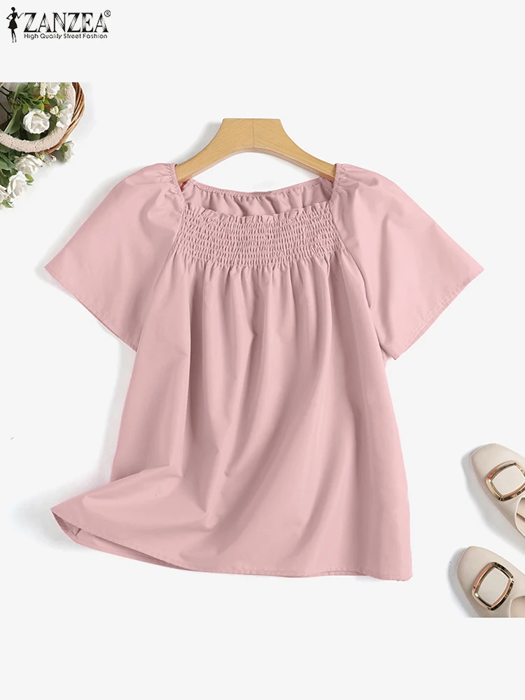 ZANZEA Plus Size Elegante Chic Camicette da donna Estate Smocked Collo quadrato Manica corta Tinta unita Babydoll Top Moda coreana 5XL