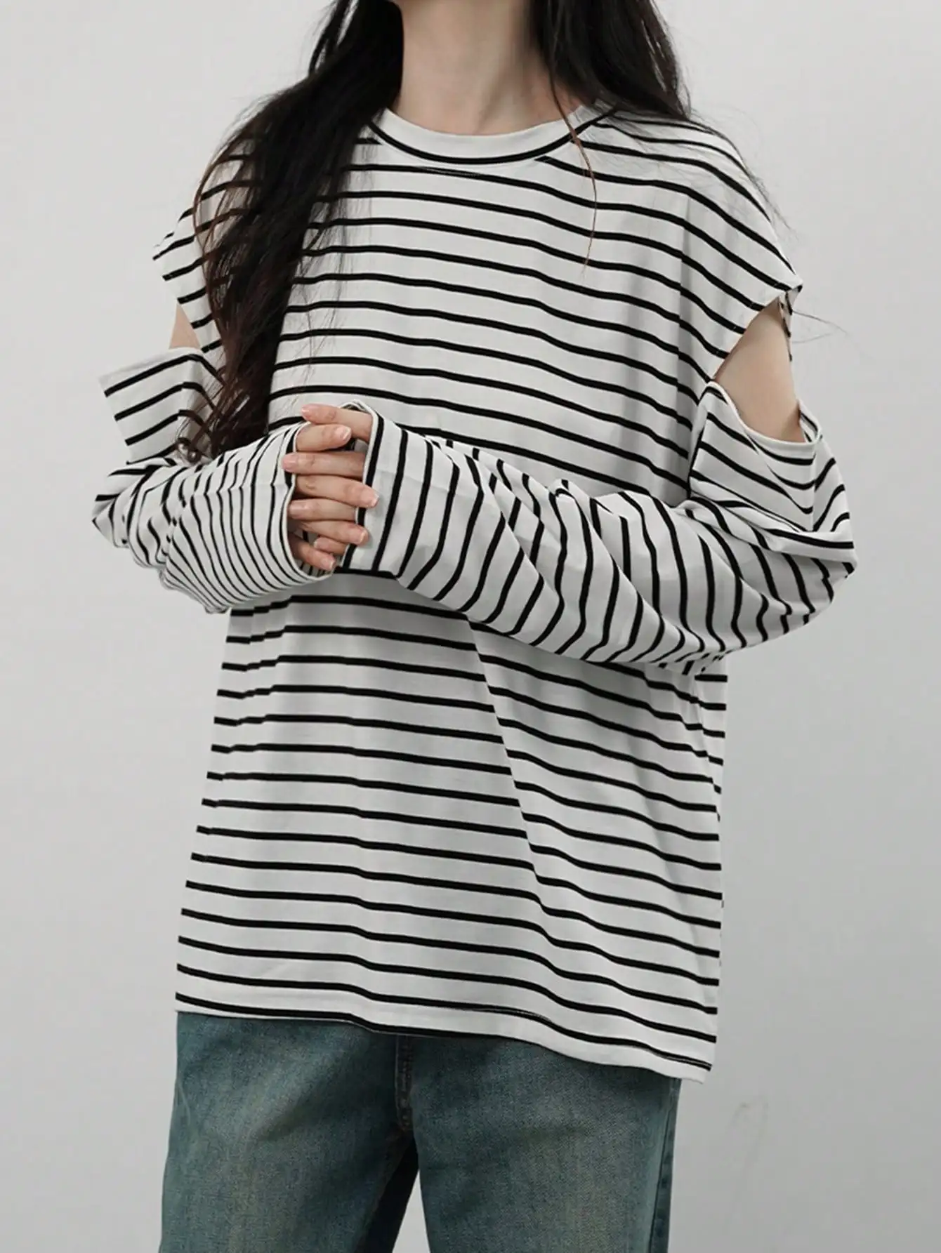 Korean Chic Autum Lazy and Versatile Design Niche American Retro Hottie Off-Shoulder Stripesd Long-Sleeved T-Shirt Women's Iqogita Individual Baboon