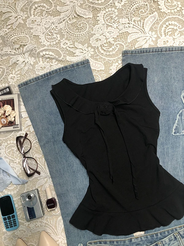 Cseta sin Mangas Vintage con Estampado de Rosas Neas para Mujer, Diseño con Volantes, Top Sensacional de Verano, Mezcla ...