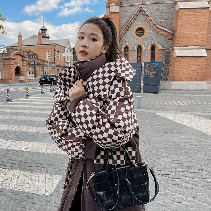 Women's Cotton Black White Plaid Spliced Jacket Mid-Length Winter New Design Fashion Windproof  warm Thickened coat Female