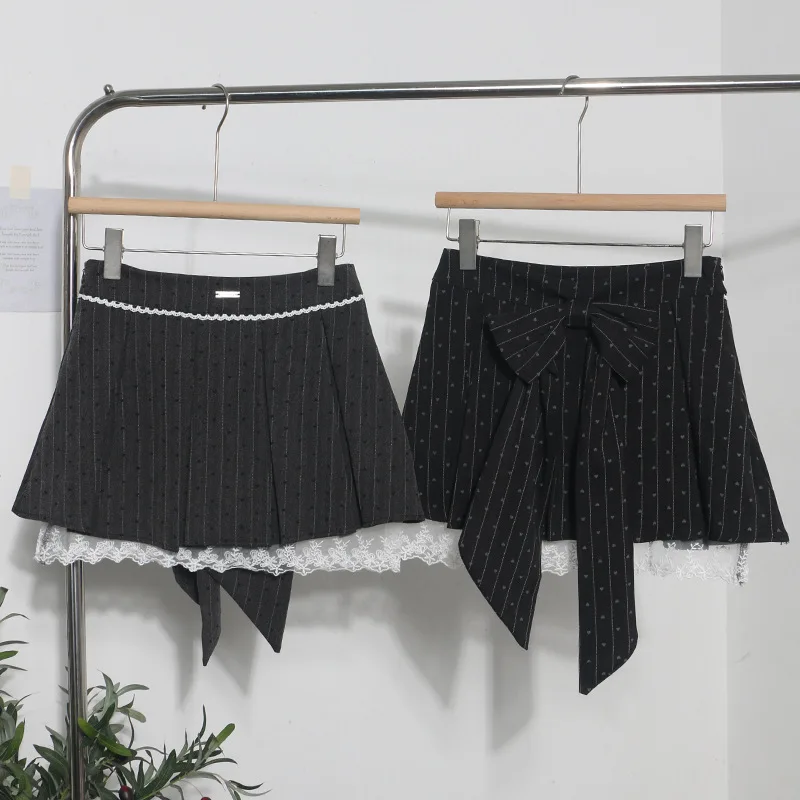 

Skirt Women Lace Patchwork Mini Skirts Heart Print Bow High Waist Female Sweet Pleated A Line Spring Summer Streetwear 2026