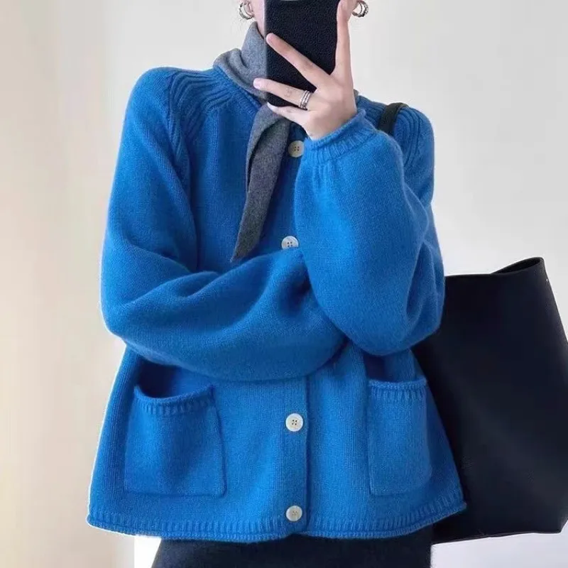 Blue Knitted Cardigan Sweater Coat Women\'s Autumn New Soft Glutinous Knitwear Jackets Chic Double Pocket O-neck Knitted Coat