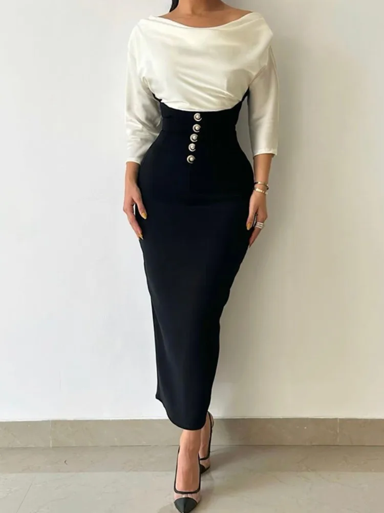 Freeacy 2024 New Women's Elegant Dress Suit Solid White Boat Neck Shirt and High Waist Skinny Wrap Skirt Sexy Skirts Sets