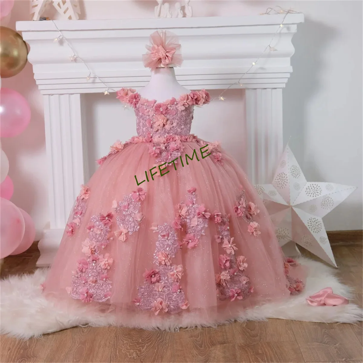 Flower Girl Dress Luxury 3D Applique for Wedding Pink Tulle V-Neck Prom Dress Princess Birthday Party Kids First Communion