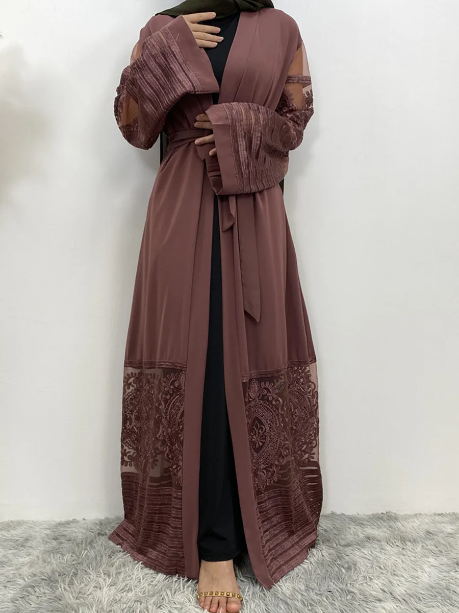 Donne musulmane Dubai Abaya Ricamo etnico Patchwork di pizzo Kimono Cardigan Abito lungo Modesto Ramadan Robe Femme Islam Abbigliamento