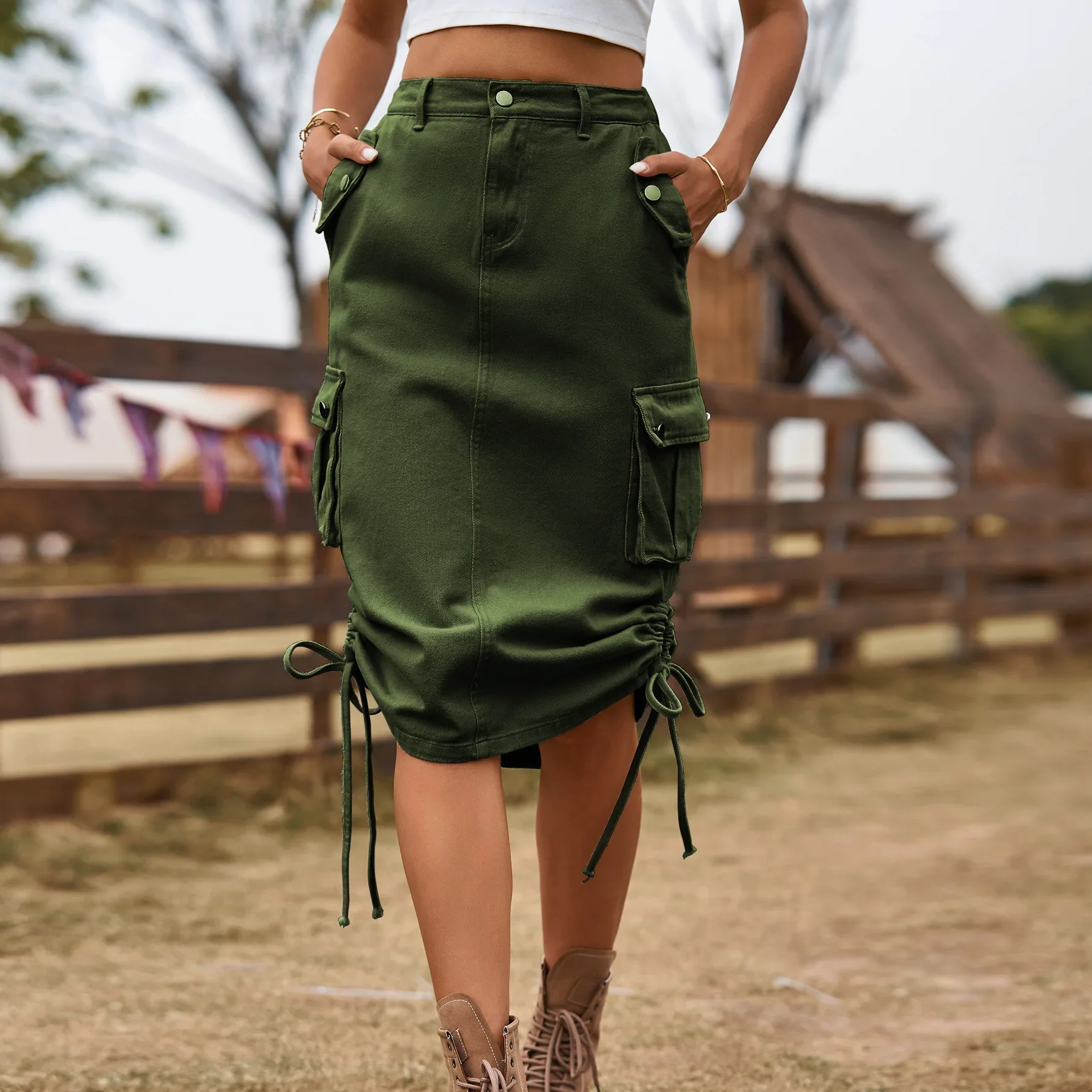 Jupe demi-corps en Denim avec poches froncées, nouveau Design Sense, une jupe de travail mi-longue de couleur unie à la mode pour femmes en été