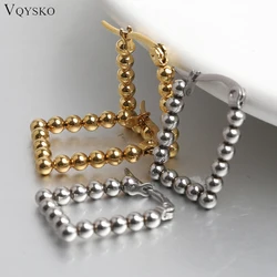 VQYSKO Geometric Steel Beads Hoops Earrings Waterproof Gold Color Ball Hoops Beaded Earrings Gift For Her Exquisite Jewelry