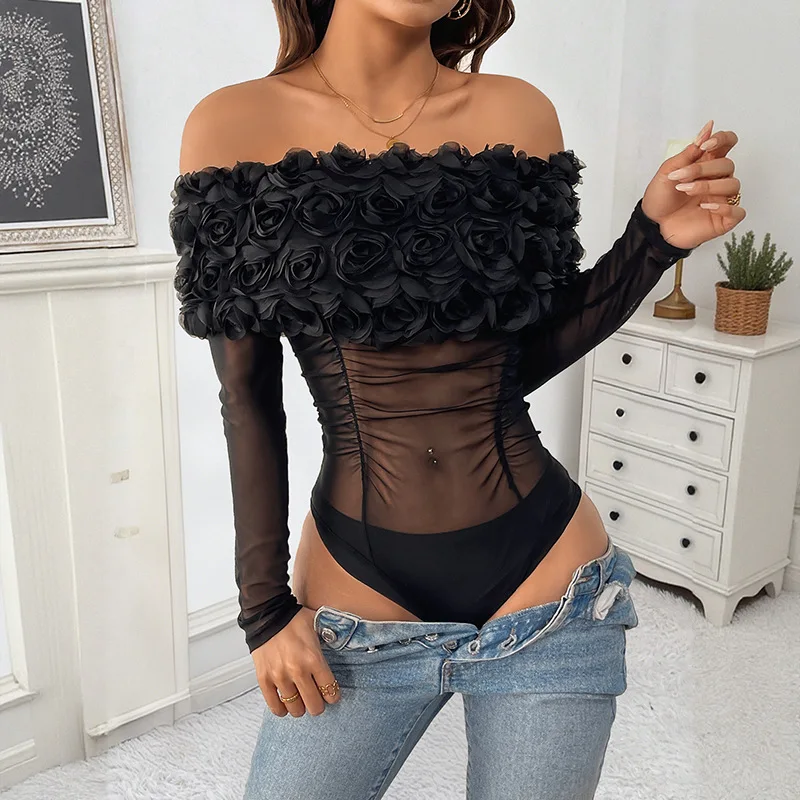

Off The Shoulder Floral Mesh Jumpsuit Women Fashion Sexy Long Sleeve Tight Breathable Bodysuits Romantic Onesie Jumpsuits Romper