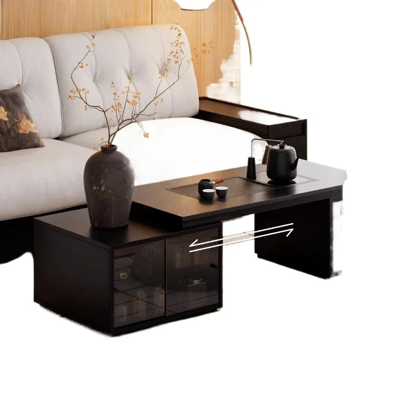 Retractable solid wood coffee table, living room home 2025 new tea making integrated small table, sofa edge