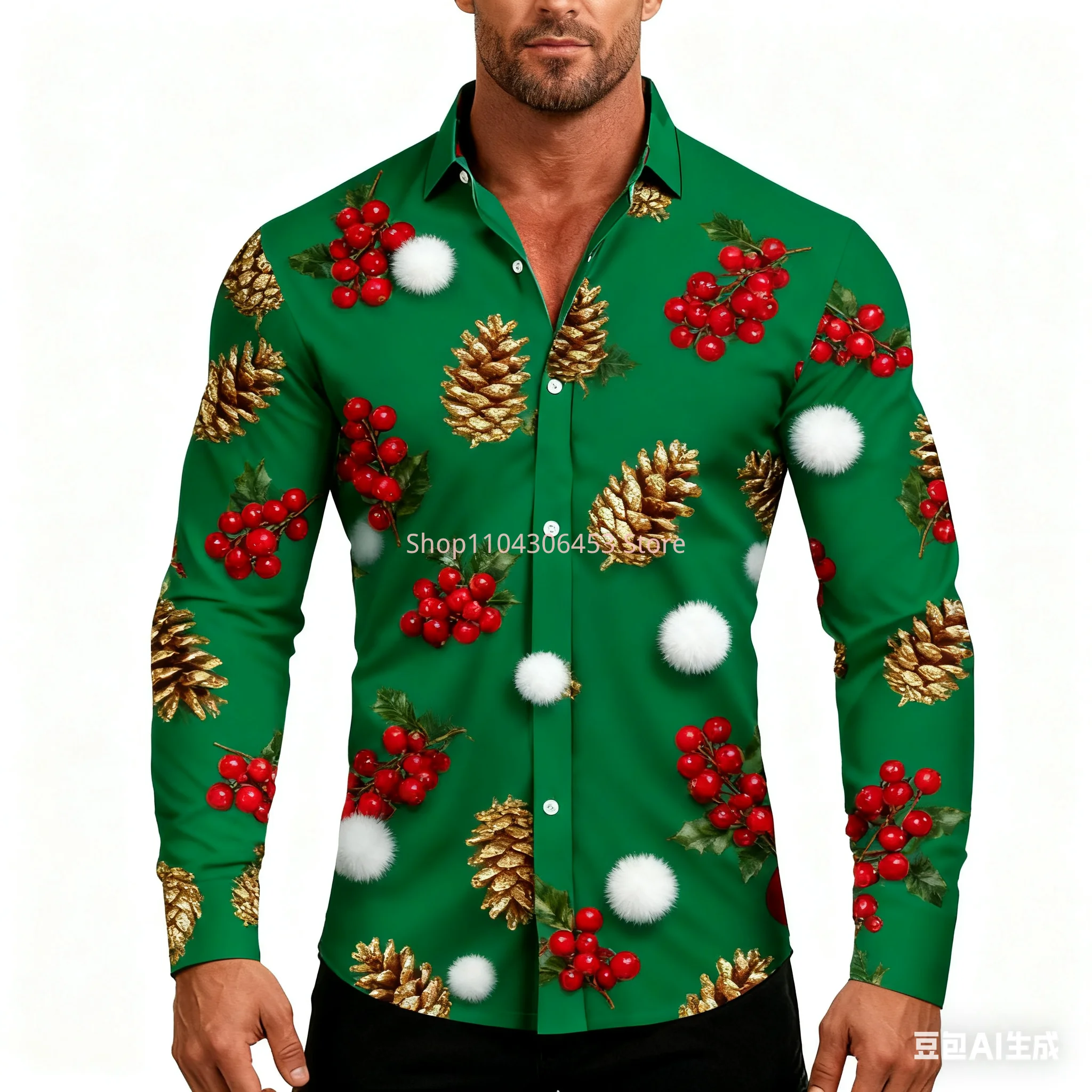 New Style Men's Christmas Themed Shirt 3D Print Santa Men's Casual Festive Long-sleeved Shirt Outdoor New Year Clothing Top