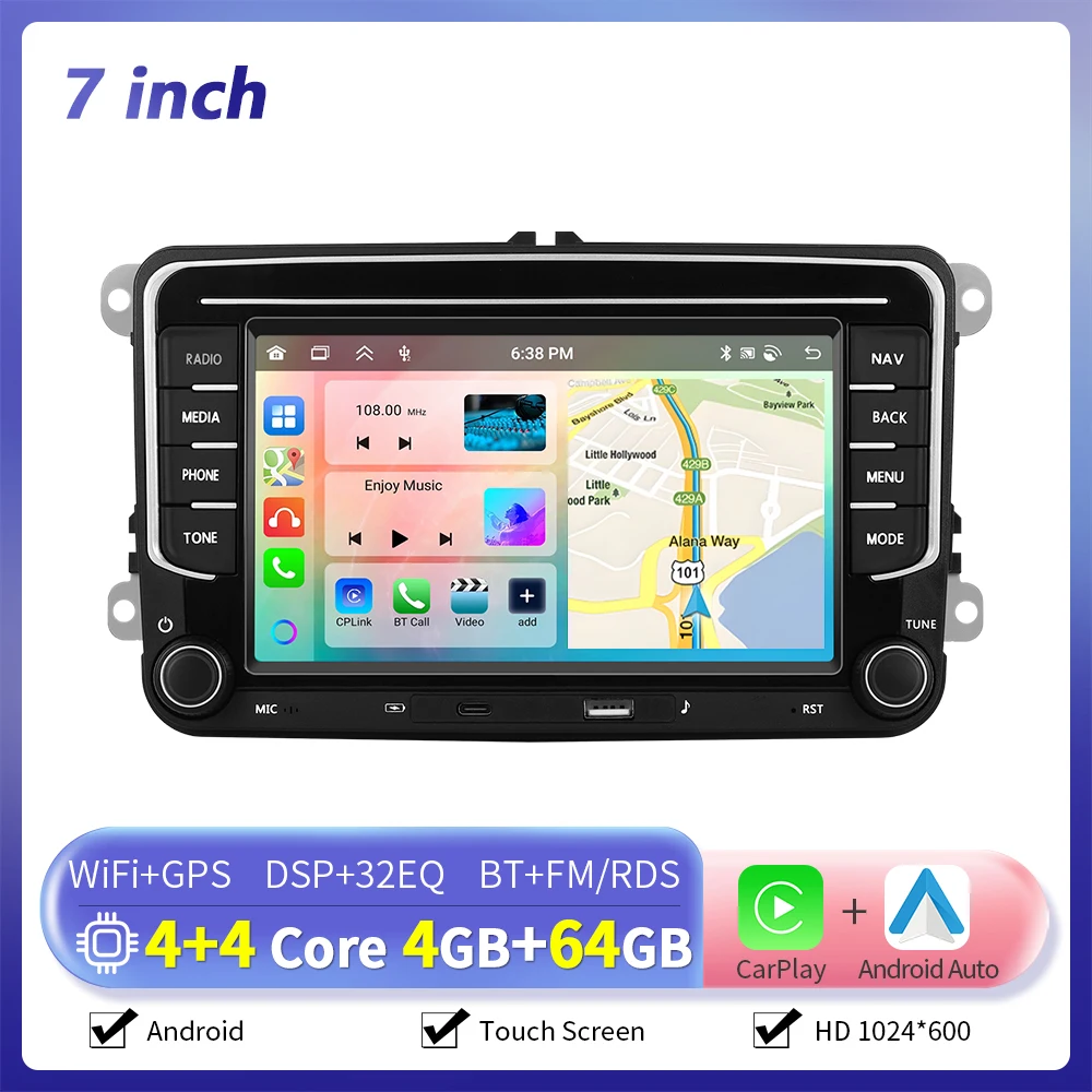 Camecho 7 Inch Draadloze CarPlay Android Auto Radio GPS Multimedia Voor Volkswagen VW Passat B6 B7 CC Tiguan Touran GOLF POLO