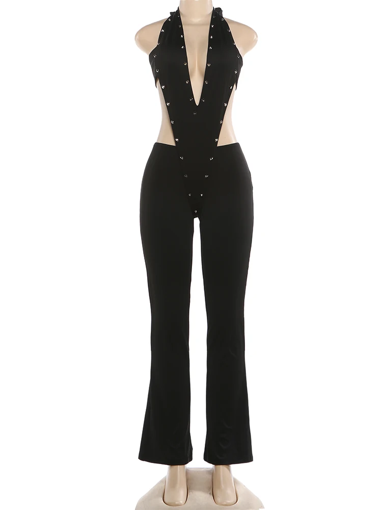 Raar Poes Klinknagel Halter Backless Jumpsuit Vrouwen Sexy Diepe v-hals Lint Hipster Stretch Skinny Zomer Midnight Clubwear Overalls