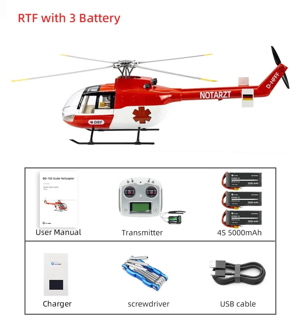 

FLY WING BO105 RC Helicopter 470 Class Helicopter 4 Blades FLY WING BO105 Scale Helicopter H1 Flight Controller One Click Return