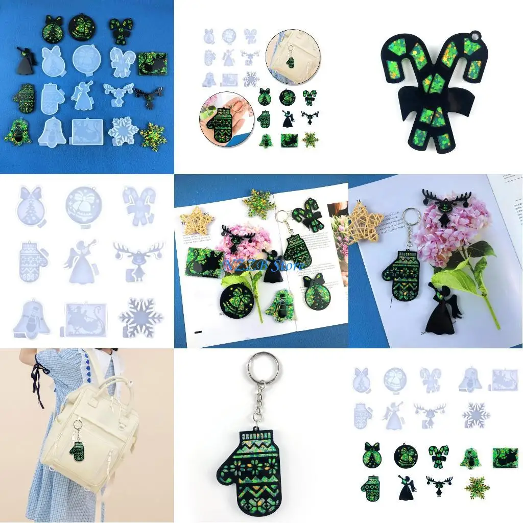 

T21F 9Pcs Silicone Snowflake Pendant Mold Christmas Series Epoxy Resin Mold DIY Keychain Jewelry for Christmas Day Gift Craft