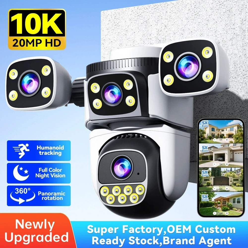 12Mp Outdoor Wireless Ptz Smart CCTV Camera 4 Lens Wifi Ip Security System Home Security System Connected Mobile Phone
