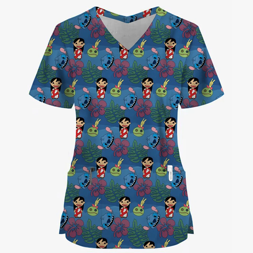 Women's Christmas short sleeved V-neck Disney Stitch printed top, laboratory nursing and health work clothes T-shirt with pocket