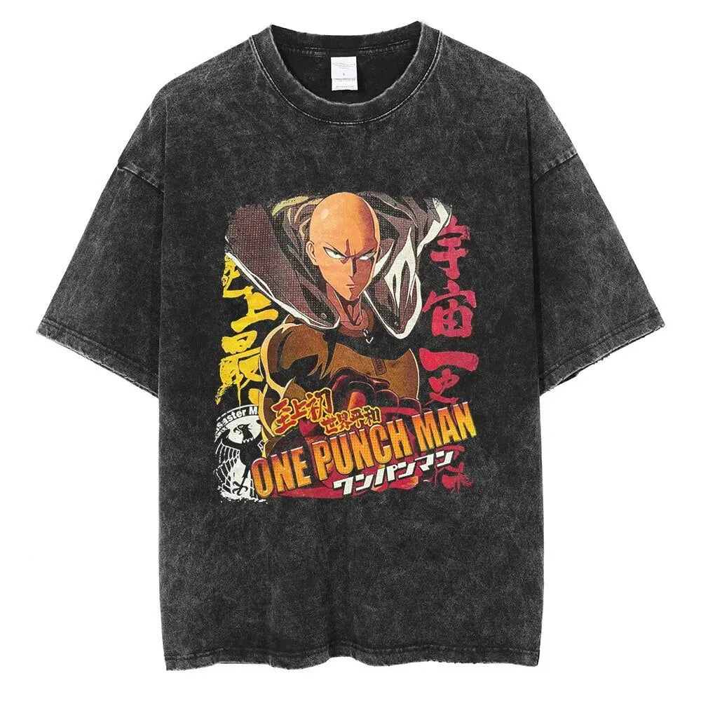 

Japanese Superhuman Animation ONE Punch-Man Saitama Washed Old Short-sleeved Japanese Loose Cotton Printed Round Neck T-shirt