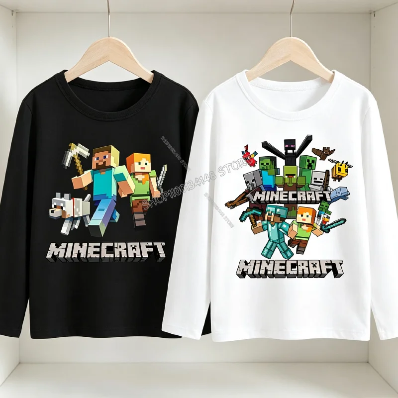 Camiseta de manga larga con diseño de Pixel Game para niños, ropa de dibujos animados de Minecraft, para niños y niñas, tipo caftán, ropa infantil, blusa azul con cuello redondo, ideal como regalo.