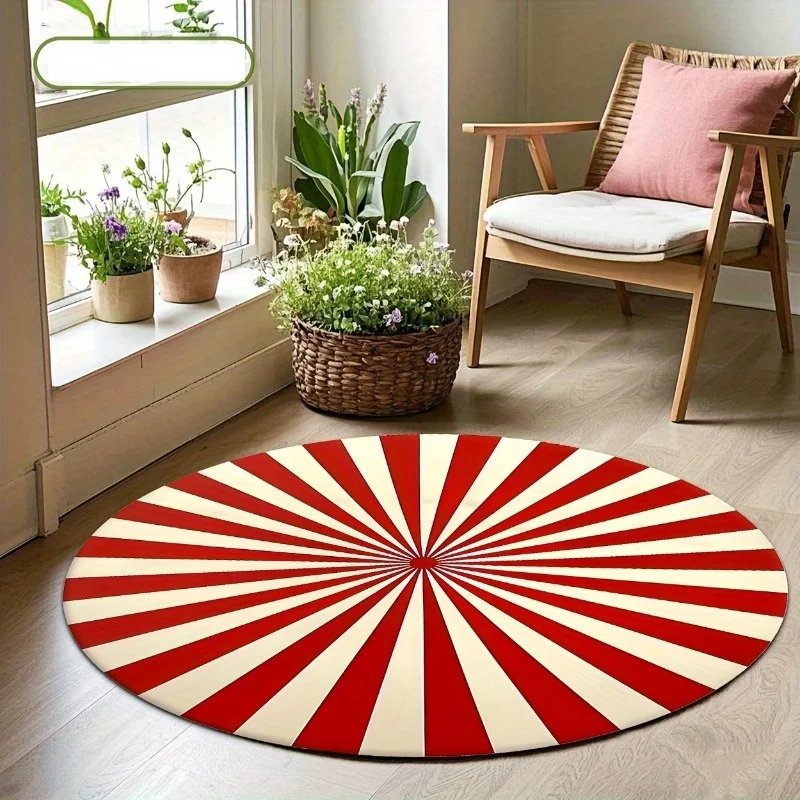 Red And White Striped Round Rug Flannel Modern Minimalist Living Room Bedroom Decor Floor Mat Geometric Pattern Home Decoration