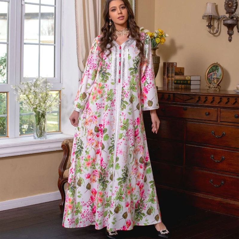 2025 Spring Fall Women V Neck Floral Pattern Beading Embroidery Long Imitation Silk Dress , Woman Middle Eastern Muslims Dresses