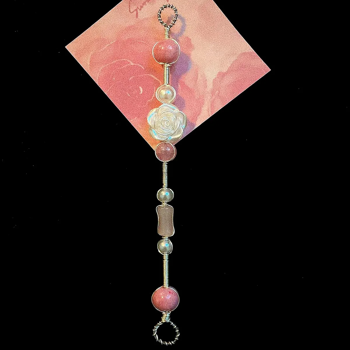 Handmade Gold Rose Flower Wire Wrapped Ring Pink Crystal Pearl Bead Finger Clip Wand Coquette Cottagecore Aesthetic Nail Protect