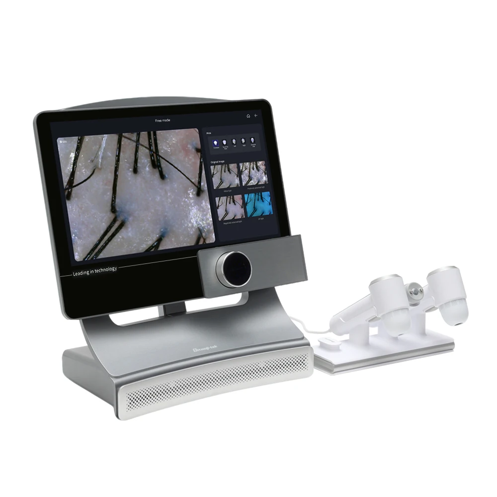 

Новейший настольный анализатор кожи головы с 3 ручками управления, 50-кратным и 200-кратным увеличением, определением уровня влажности и возможностью печати отчетов