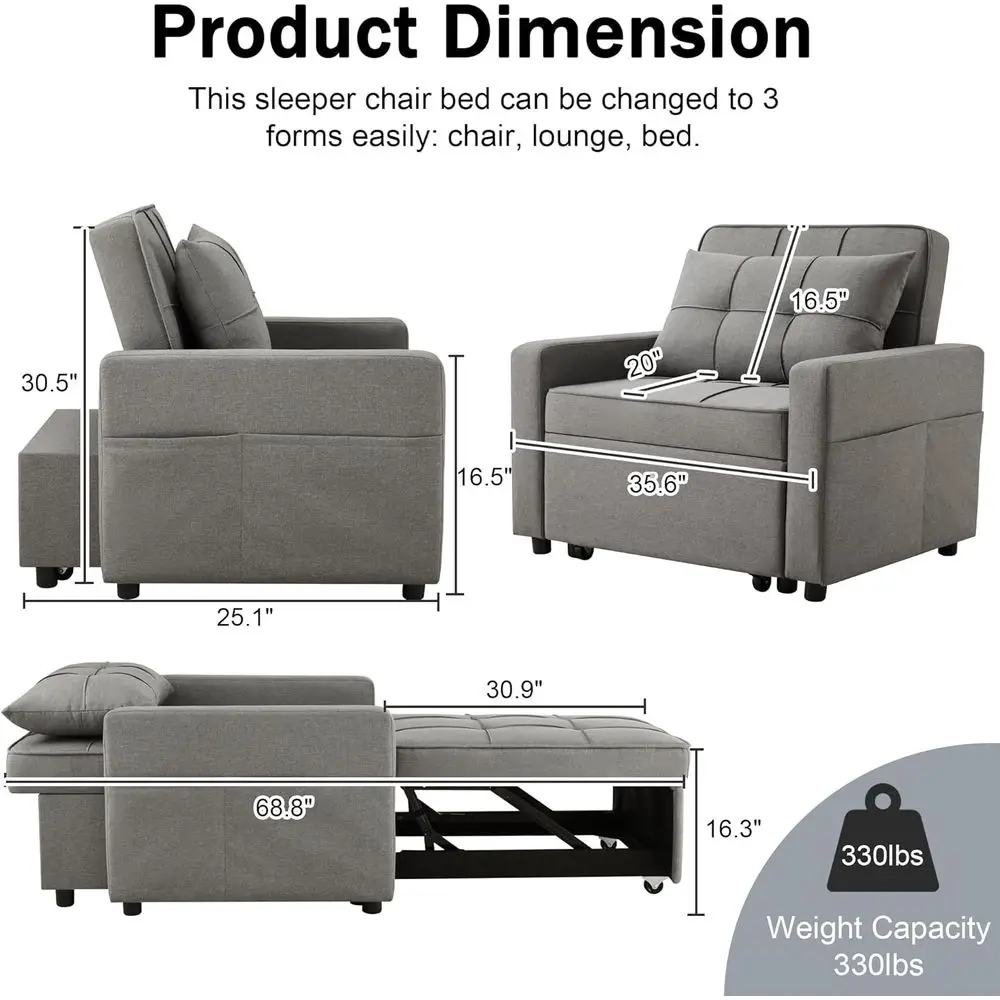 3-in-1 Convertible Futon Sofa Bed with Reclining Backrest and Side Storage, 35.6 Dark Grey