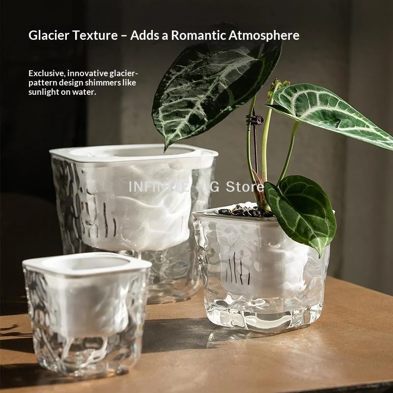 Thickened Clear PET Self Watering Plant Pot Glacier Texture Shatterproof For Indoor Houseplants Home DecorINFINITE -LG