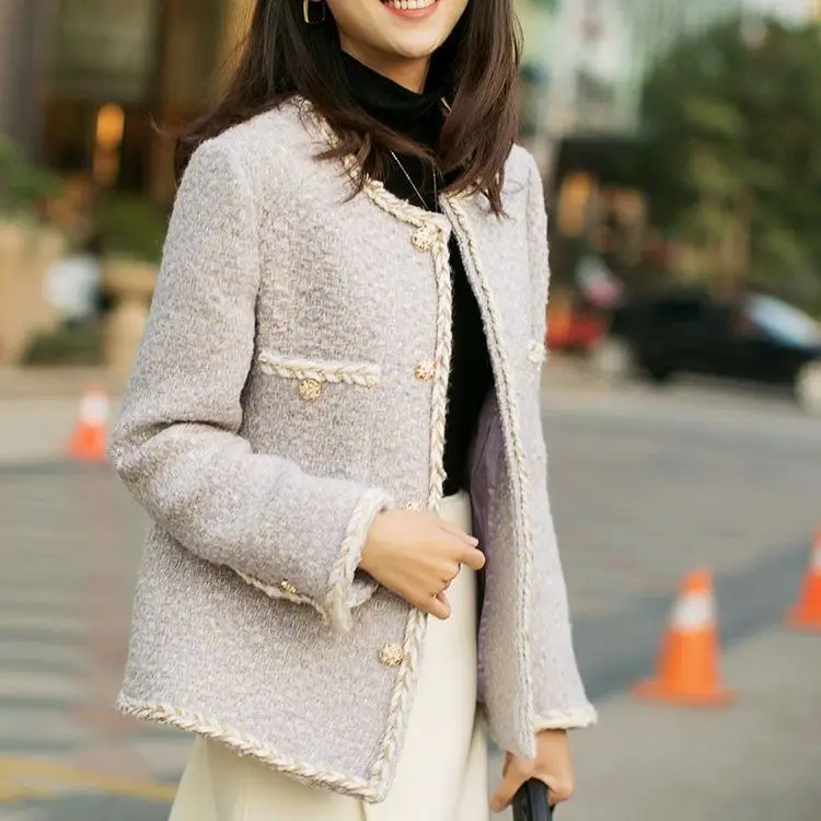 1 piece of taro purple women's tweed jacket 2026 new small fragrant style spring autumn round neck solid color top