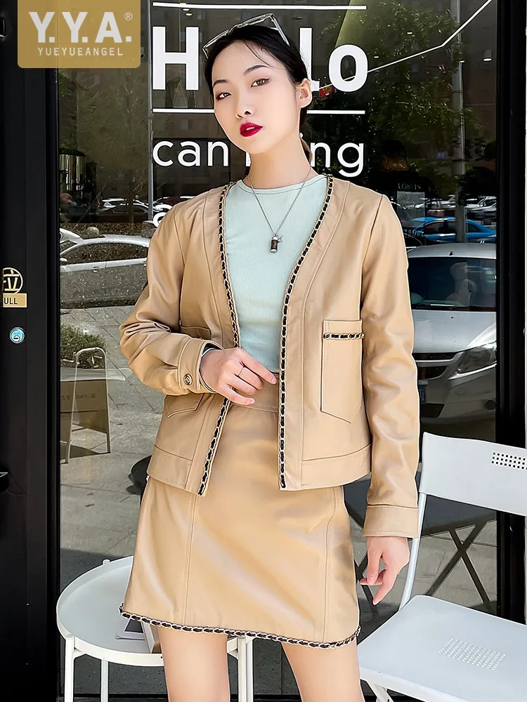 Office Ladies Elegant Cardigan Jacket Chain V-Neck Women Real Sheepskin Genuine Leather Coat Spring Long Sleeve Casual Outerwear