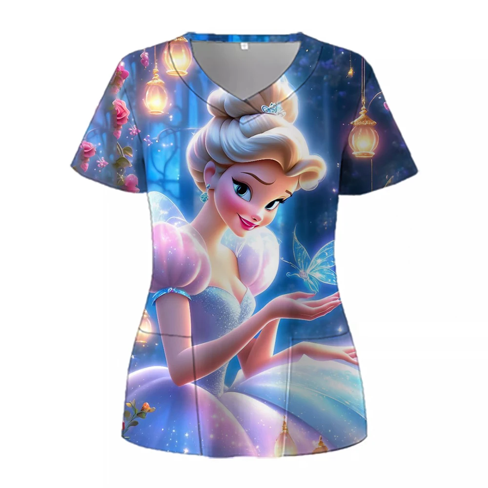 Disney Princess Pocket Women's V Neck Nurse Uniform T-Shirt Summer Short Sleeve 2024 Y2k New Dress Kawaii Woman Clothing S-2XL