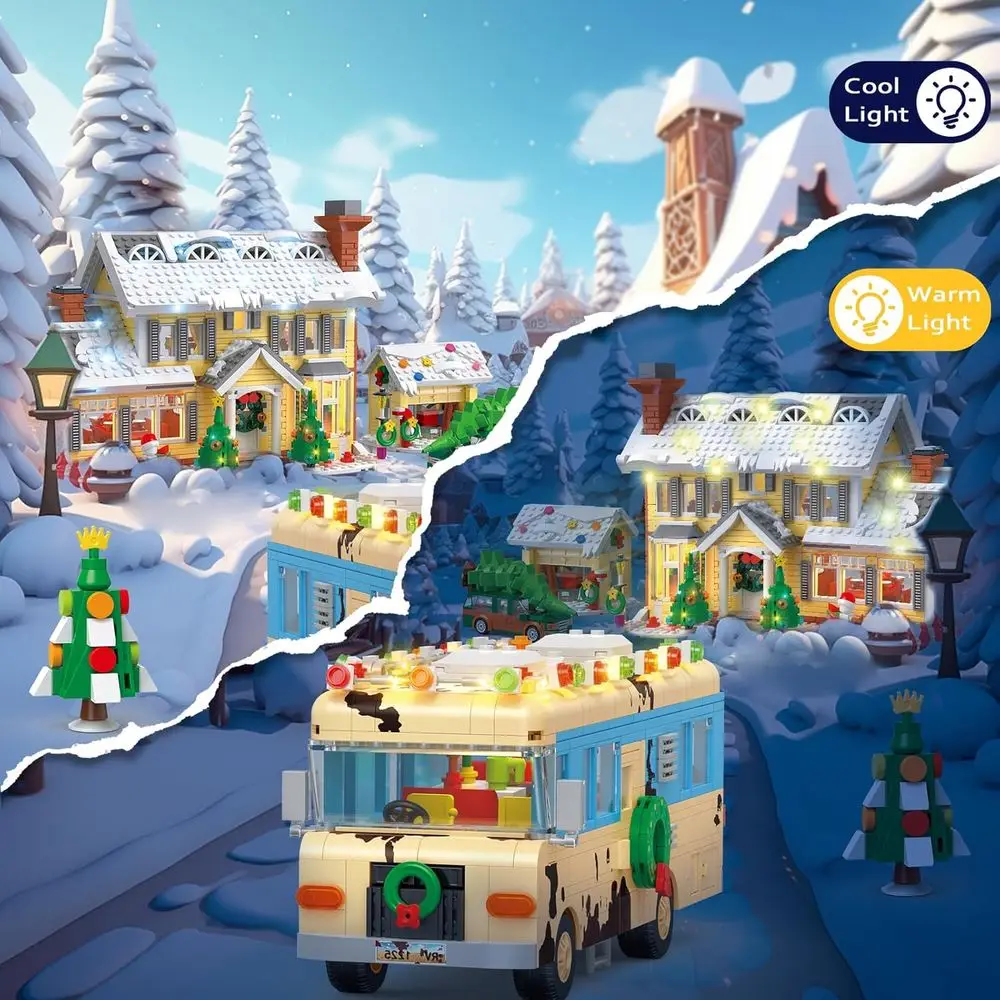 Kit di costruzione del villaggio di Natale 4 in 1: casa delle vacanze, camper, camioncino e garage (2056 pezzi) - Compatibile con LEGO