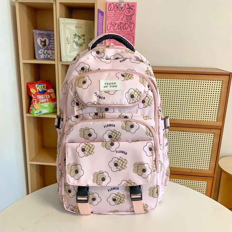 Borse da scuola in Nylon impermeabile ad alta capacità con cerniera solida floreale 2024 zaini di alta qualità per ragazze Bolsos Colegio Mochila