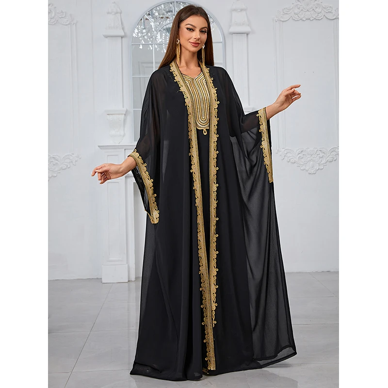 

Two pieces set Women Batwing Sleeve Black Embroidery Muslim Abaya Dubai Turkey Islamic Evening Party Cocktail Long Maxi dresses