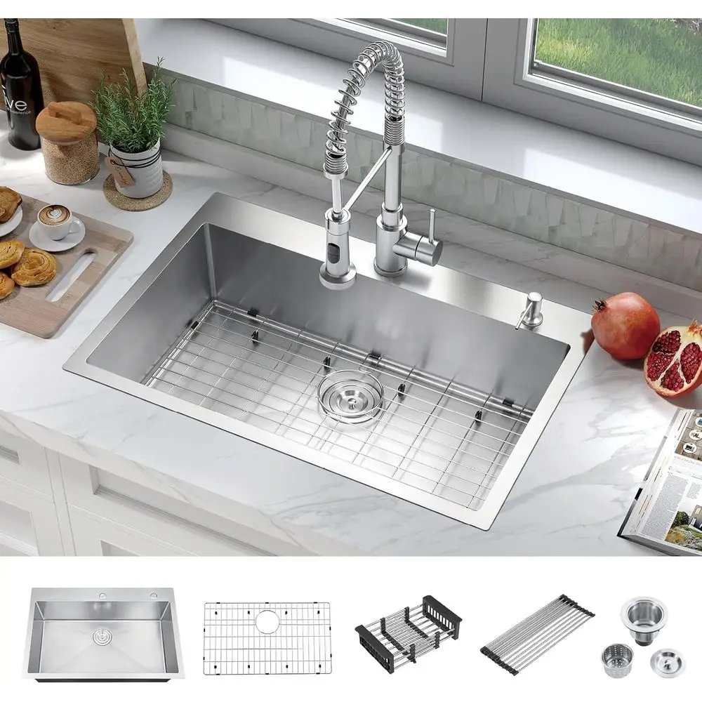 33 Inch Large Single Bowl Drop in Kitchen Sink | Nano Coating, Stainless Steel, Handmade, Single Bowl, Topmount