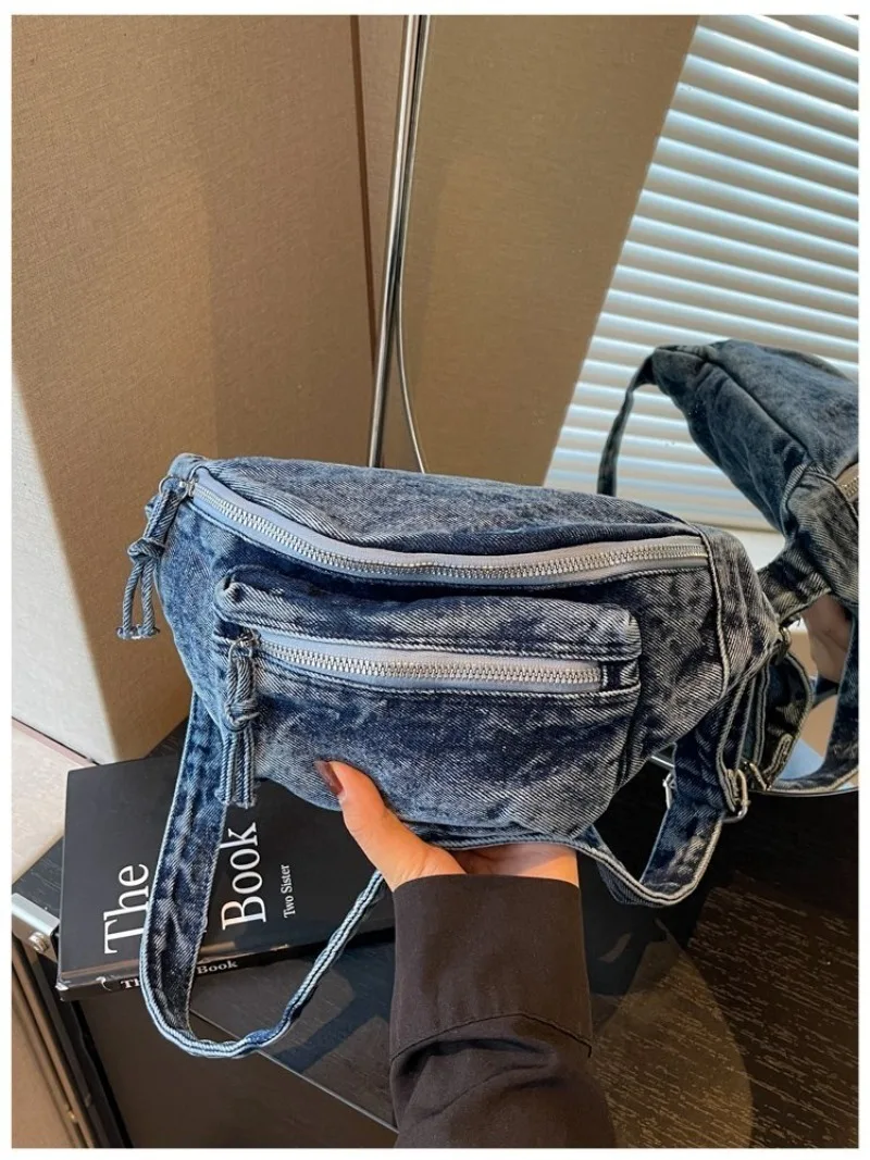 Damen Vintage Washed Denim Tasche mit Mehreren Taschen, Verstellbarer Riemen Crossbody Gürteltasche für Tägliche Aufgaben und Outdoor-Aktivitäten – Detail 23
