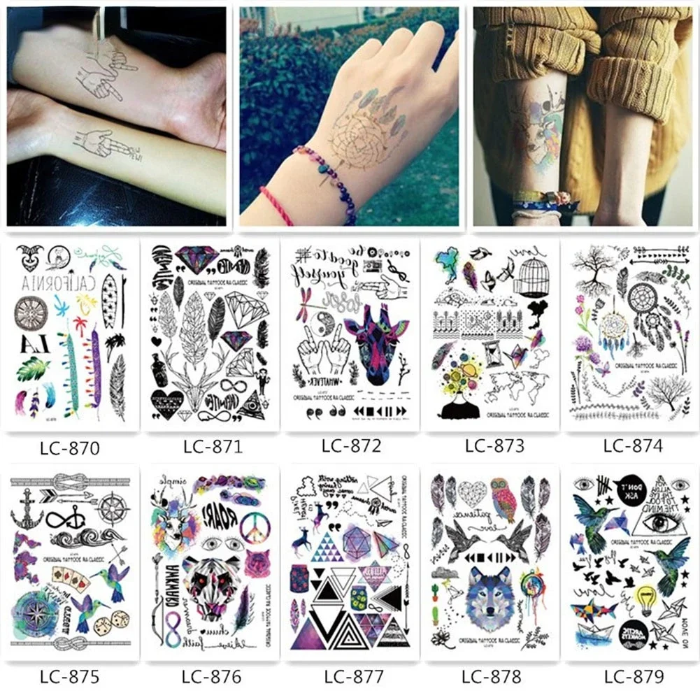 

5pcs Original 21*15cm Waterproof Temporary Tattoo Stickers Boy Girl Geometric Animal Feather Fake Black Water Transfer Sticker