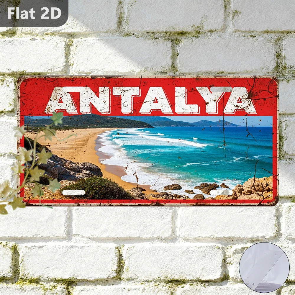 2D Flat, 1pc 1pcs 1pc Vintage Antalya Beach Turkey Travel Souvenir Sign - Retro Metal Plaque Wall Decor Suitable for, Garage,