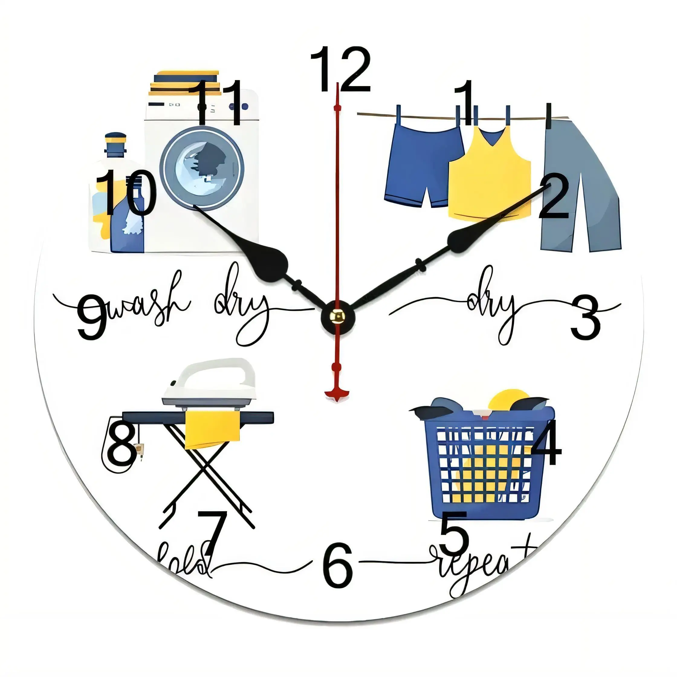 Laundry Room Wall Clock  Decorative Wash Dry Fold Ironing Vintage Housework Art Silent Non Ticking Battery Operated