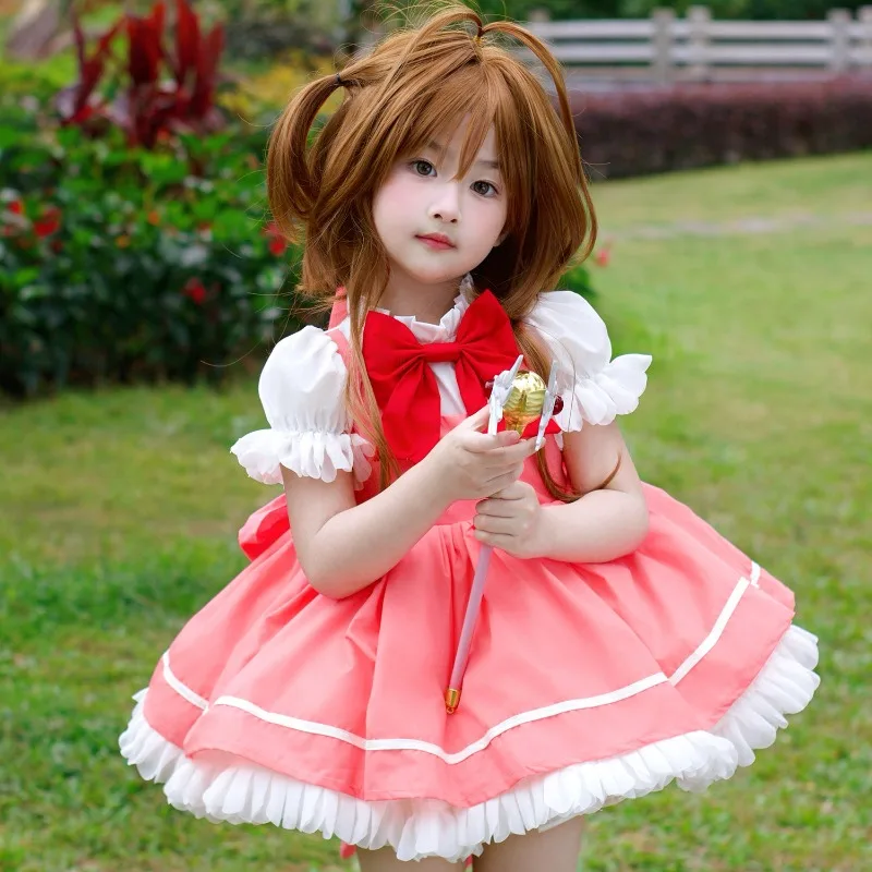Girls Anime Kinomoto Sakura Cosplay Costume Wig Magic Staff Lolita Dress Uniform Full Set Halloween Party Role Play Suit - view 4