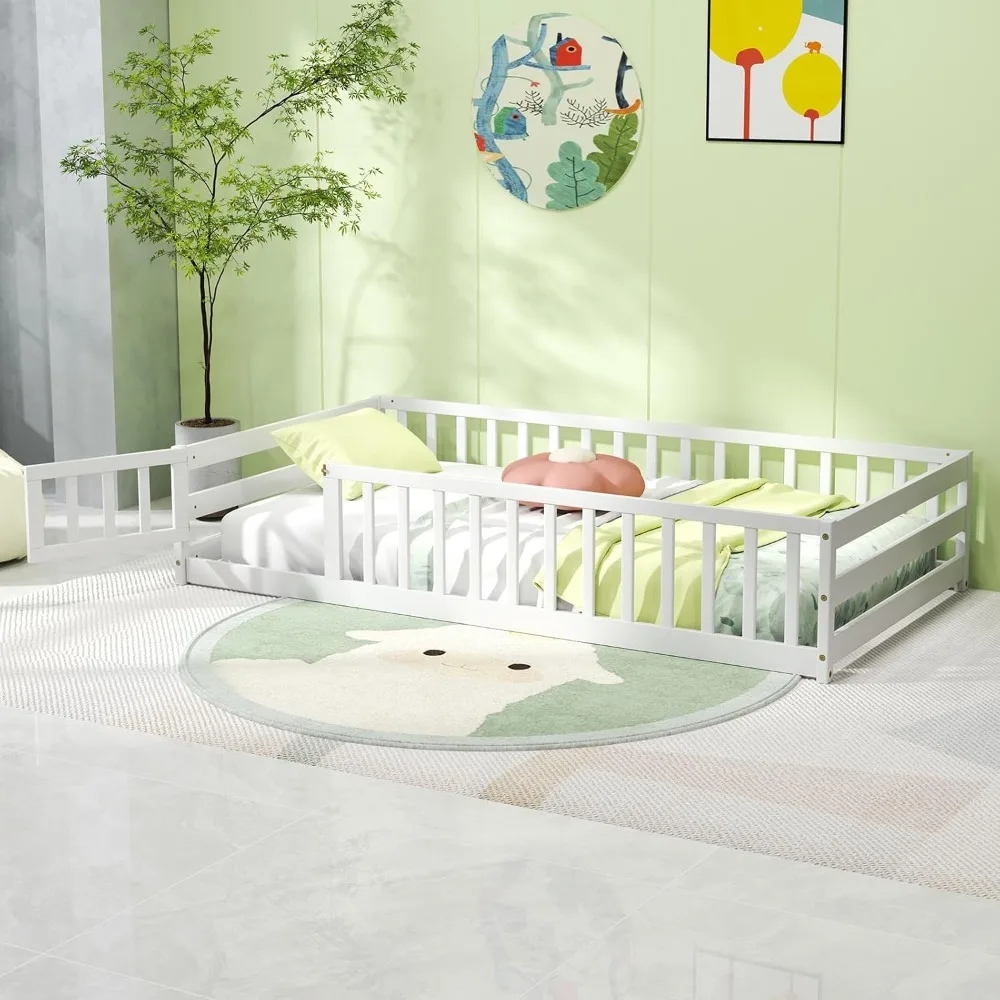 

KOMFOTT Twin Size Wood Floor Bed with Door & Fence, Montessori Bed Frame with Full Length Safety Guardrails, Door & Latch, Woode